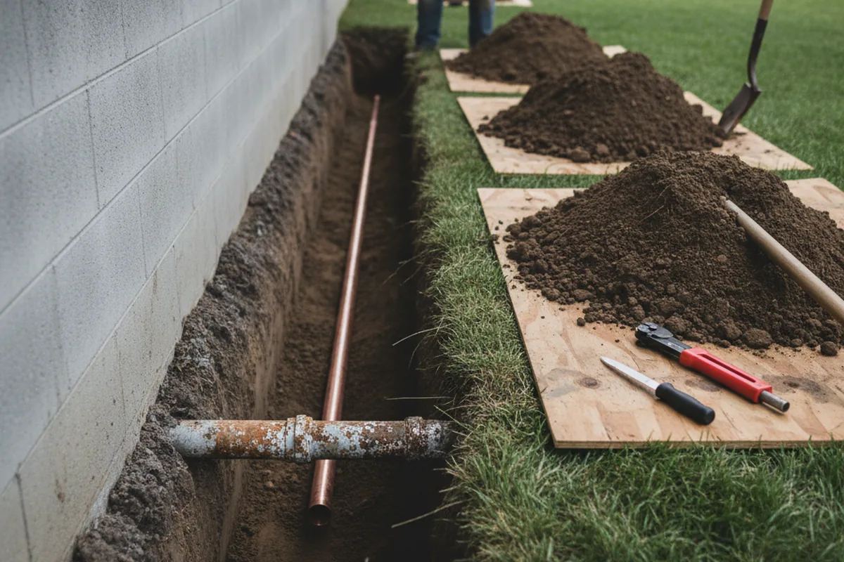 Excavated water line trench during Water Softener Installation in Wolcott